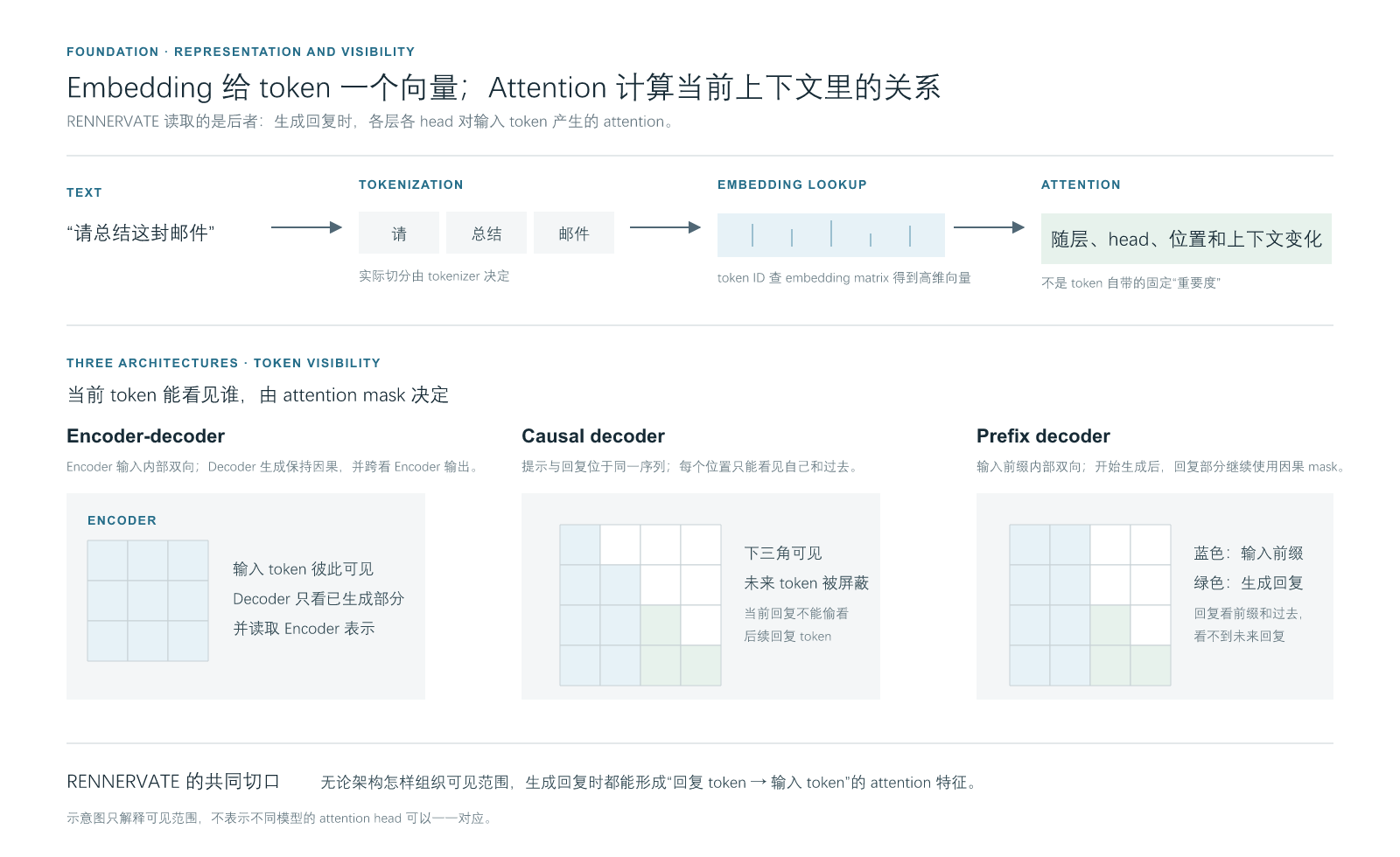 从 token、embedding 到 attention，以及三种架构的可见范围